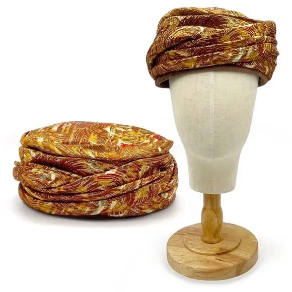 Vintage Valerie Modes Draped Turban Pillbox Hat – Metallic Gold & Bronze Brocade - Picture 2 of 16